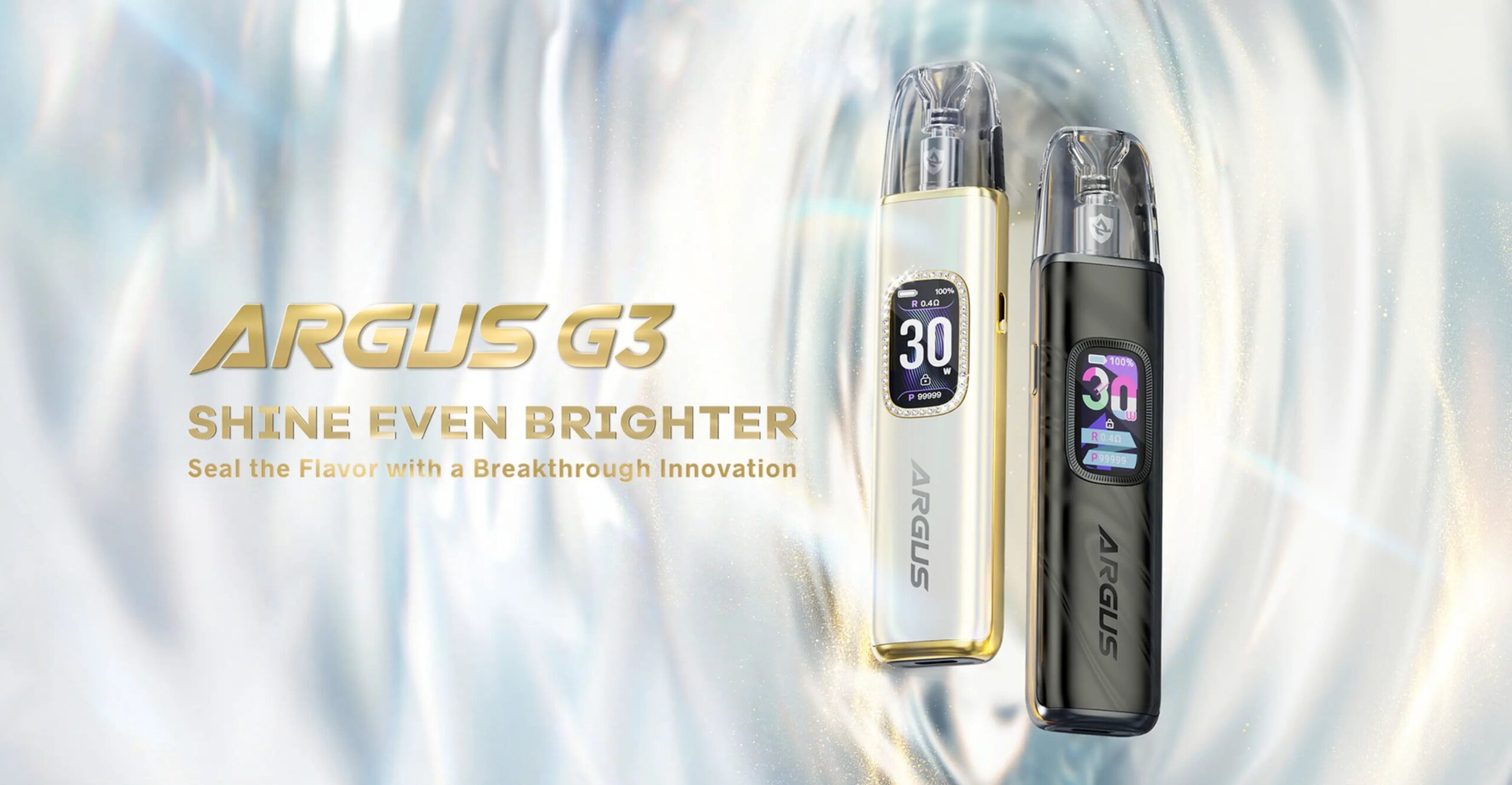 VooPoo Argus G3 pod vape kits in gold and black colour options with “Shine Even Brighter” tagline