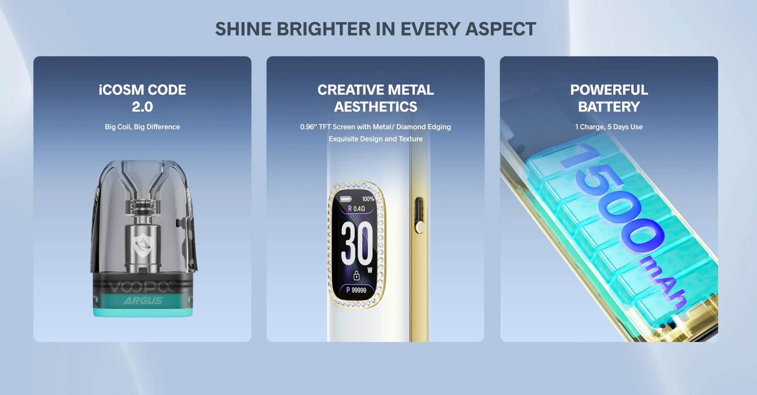 Three key features of Argus G3: iCOSM Code 2.0 pod system, metal-edged TFT screen, and 1500mAh battery