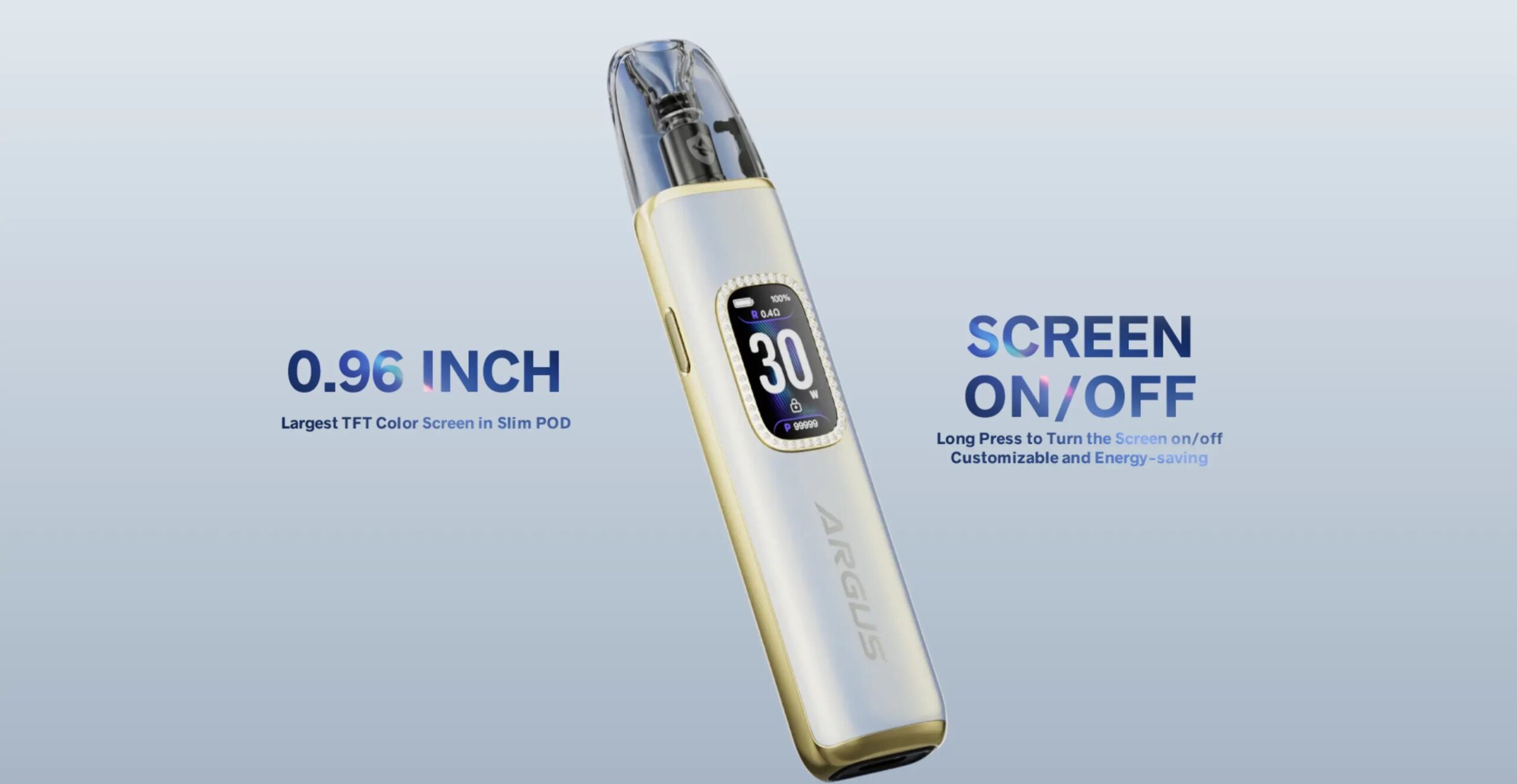 Argus G3 screen showing “0.96 inch” TFT color display with customizable on/off functionality