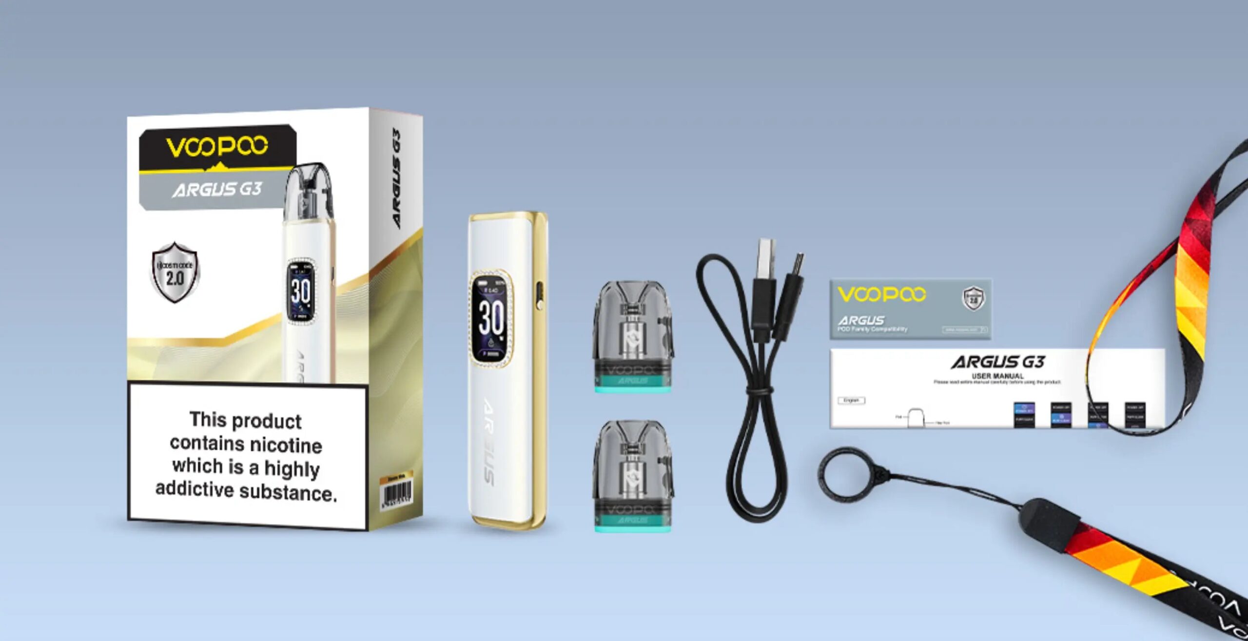 VooPoo Argus G3 Starter Kit contents, including the VooPoo Argus G3 pod vape kit, two Argus pods, USB-C cable, user manual, lanyard, and retail box